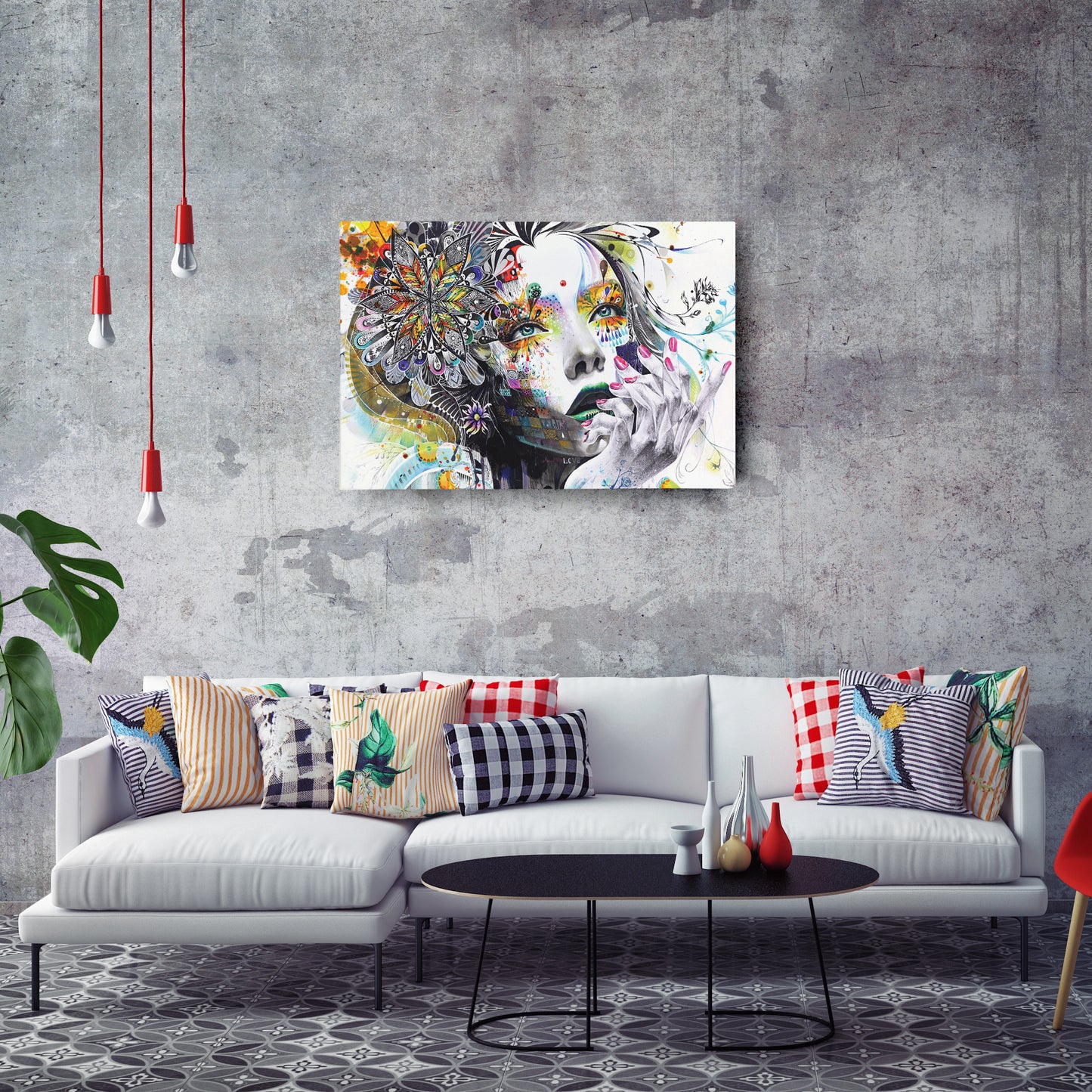 Abstract Painting of Girl with Flowers - Canvas Wall Art Decor