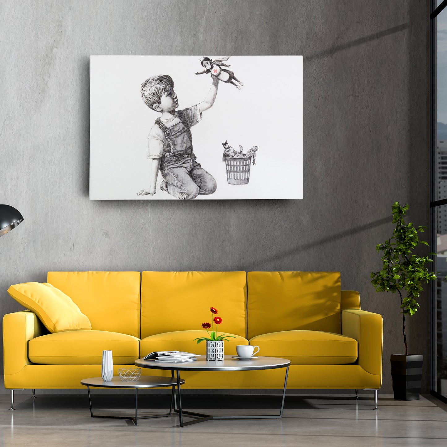 Banksy 'Boy with Superhero Doll' Canvas Print - Framed Wall Art
