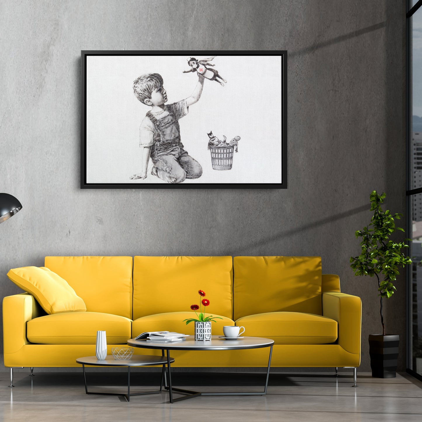 Banksy 'Boy with Superhero Doll' Canvas Print - Framed Wall Art