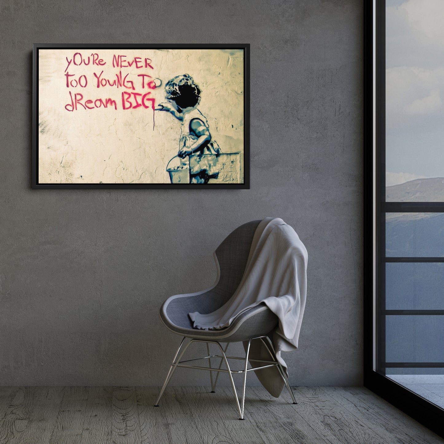 Banksy 'You Are Never Too Young to Dream Big' Quote Canvas Print - Framed Wall Art