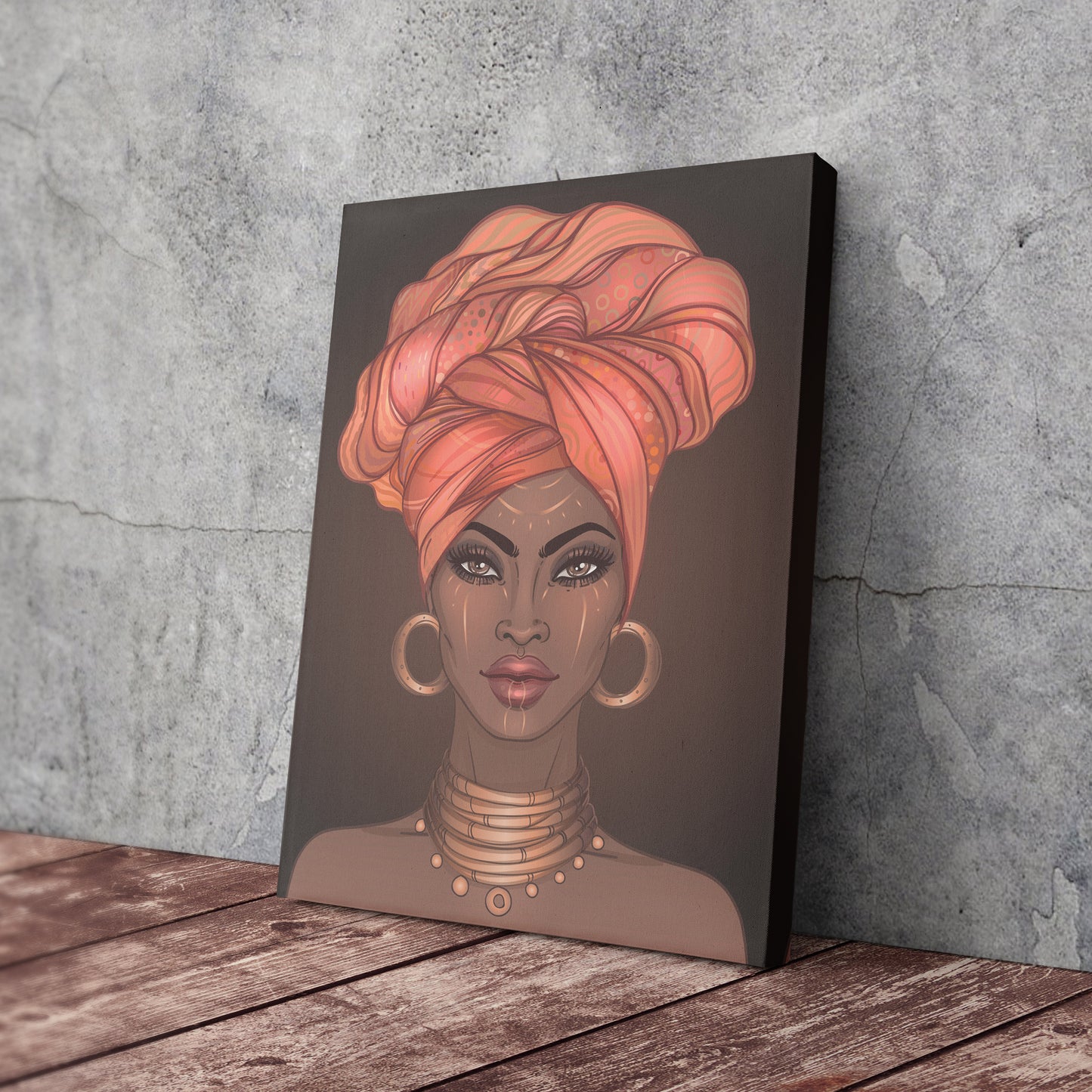 African American Woman with Glossy Lips & Turban - Canvas Wall Art