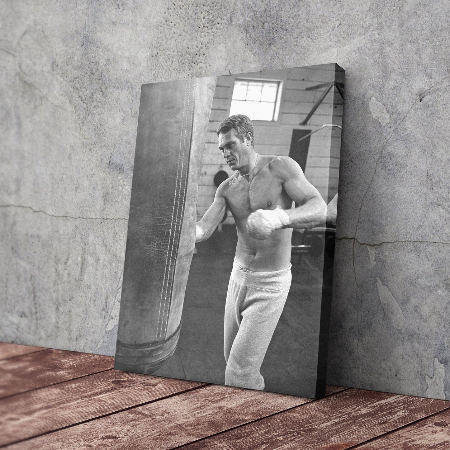 Steve McQueen Boxing Canvas Art – Black and White Training Moment Decor