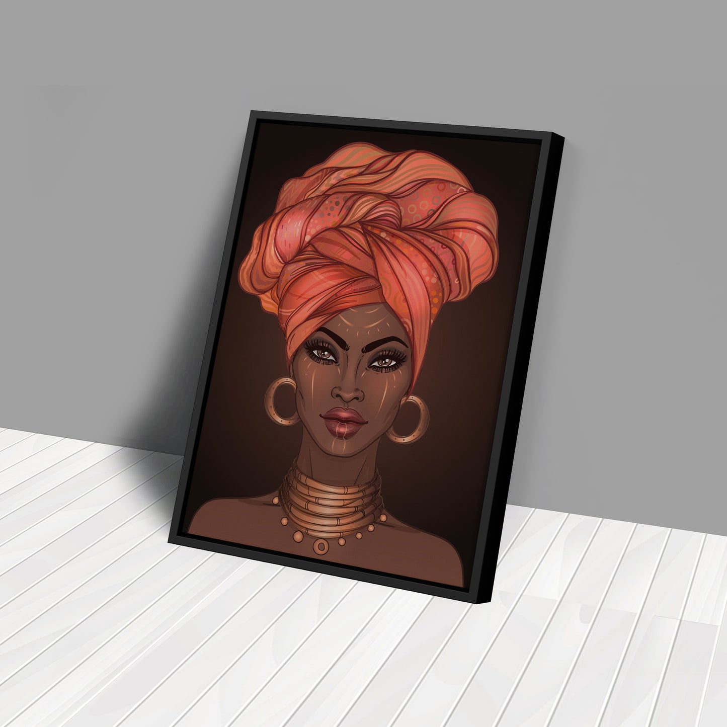 African American Woman with Glossy Lips & Turban - Canvas Wall Art