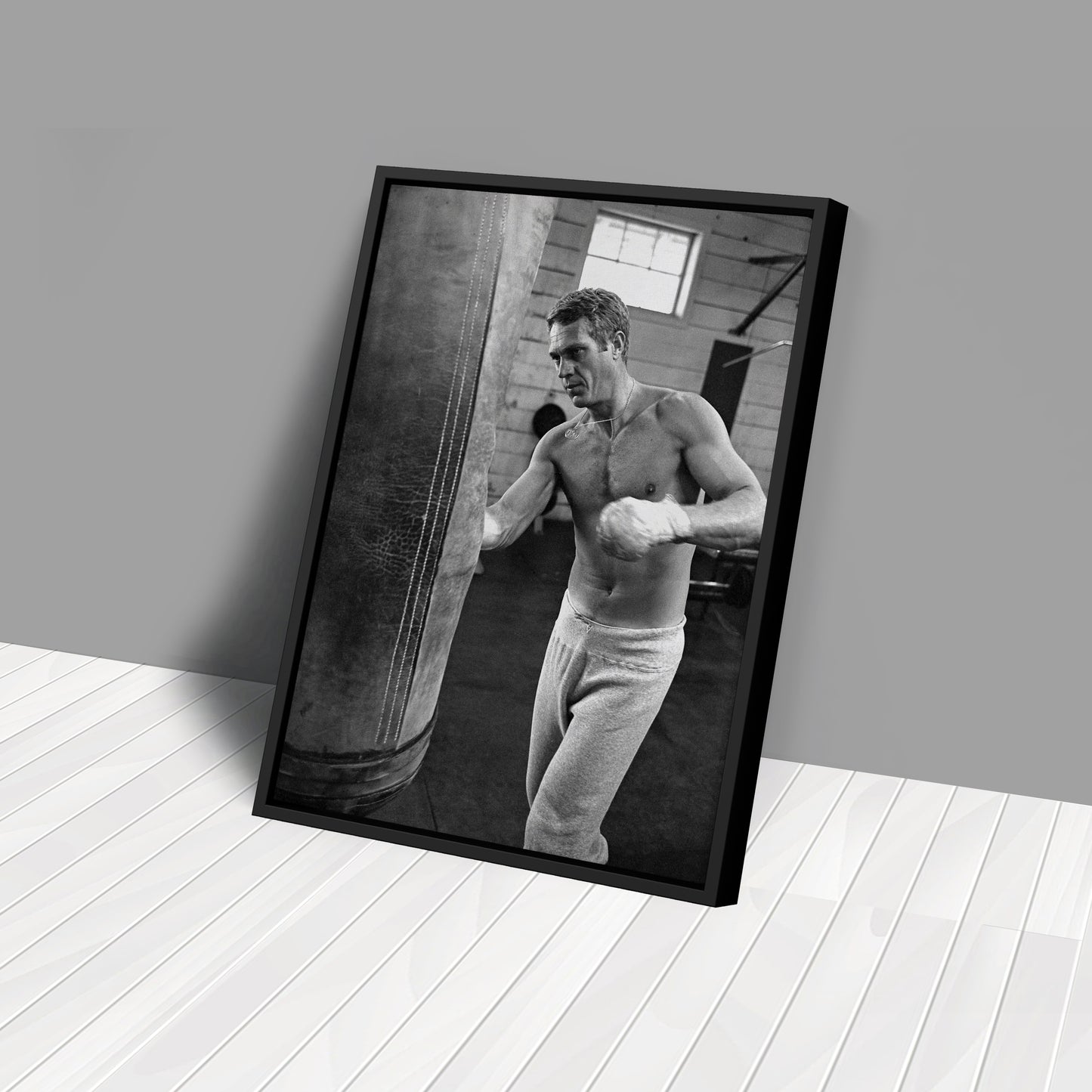Steve McQueen Boxing Canvas Art – Black and White Training Moment Decor