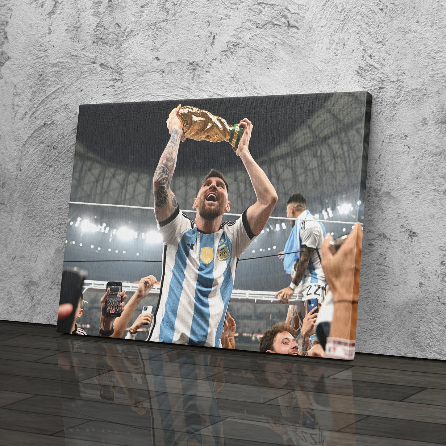 Lionel Messi Historic World Cup Trophy Canvas Art - Soccer Wall Decor Poster