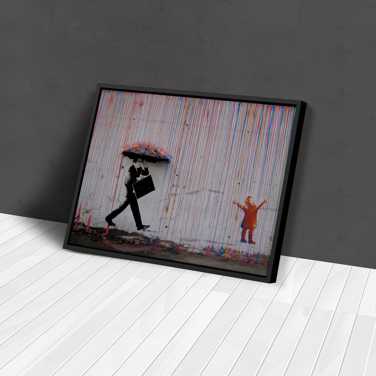 Banksy 'Raining Paint' Minimalist Canvas Print - Framed Wall Art