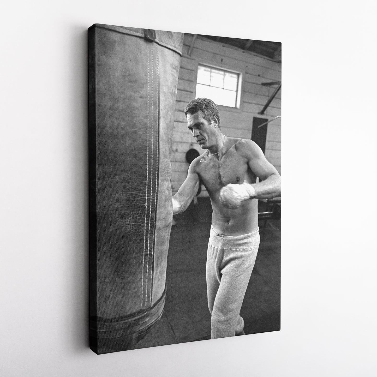 Steve McQueen Boxing Canvas Art – Black and White Training Moment Decor