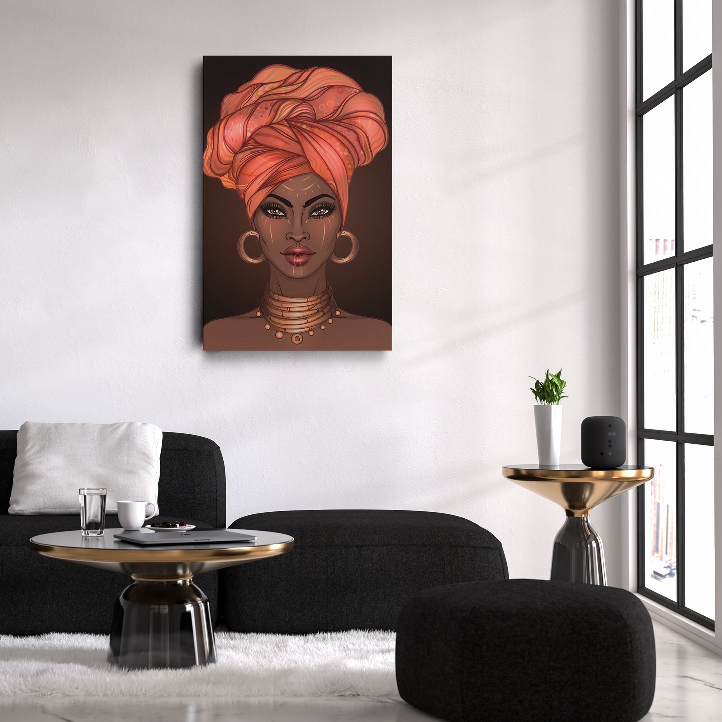 African American Woman with Glossy Lips & Turban - Canvas Wall Art