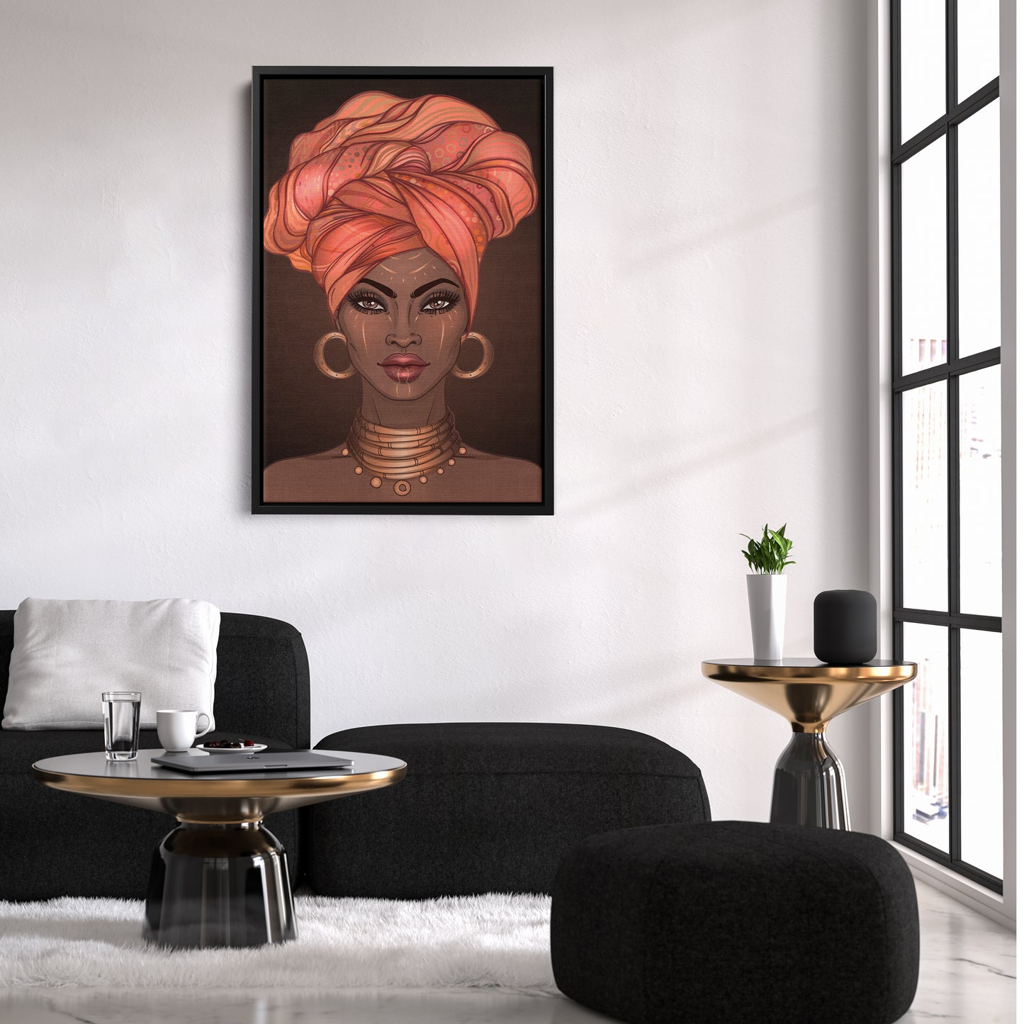 African American Woman with Glossy Lips & Turban - Canvas Wall Art