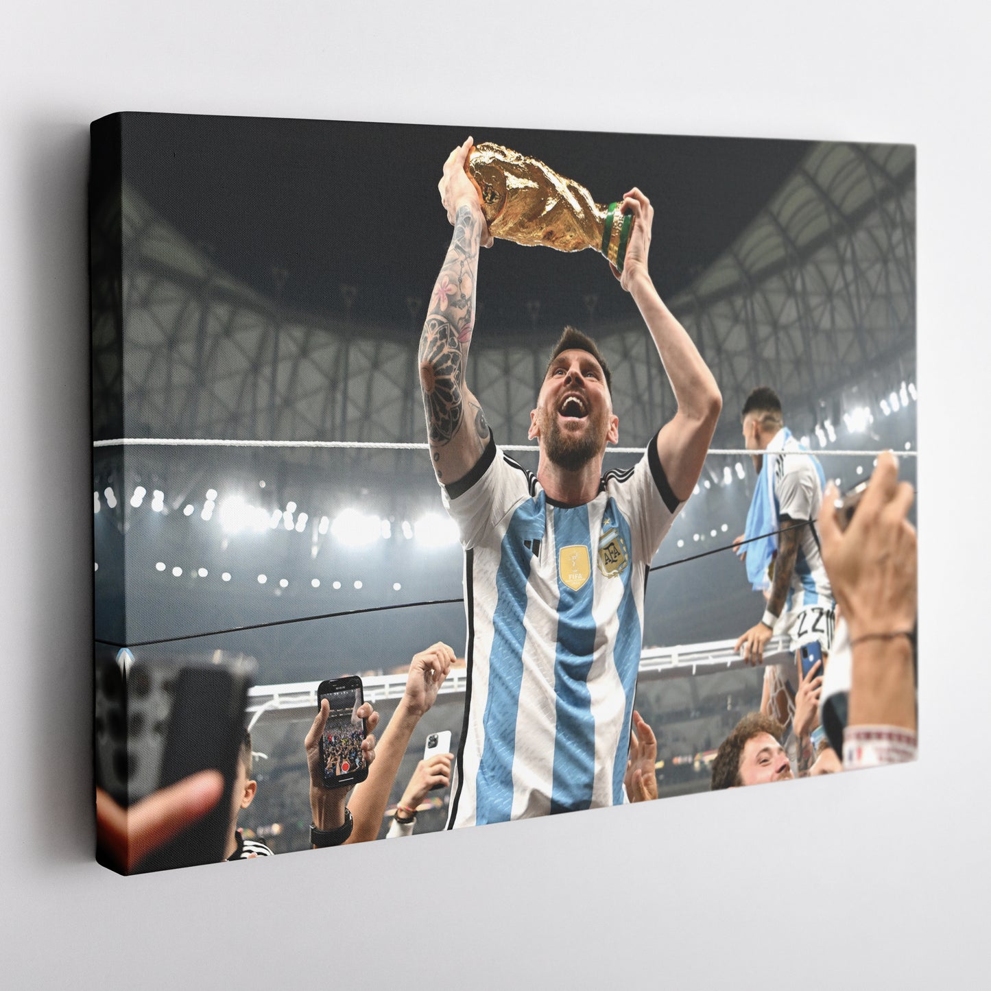 Lionel Messi Historic World Cup Trophy Canvas Art - Soccer Wall Decor Poster