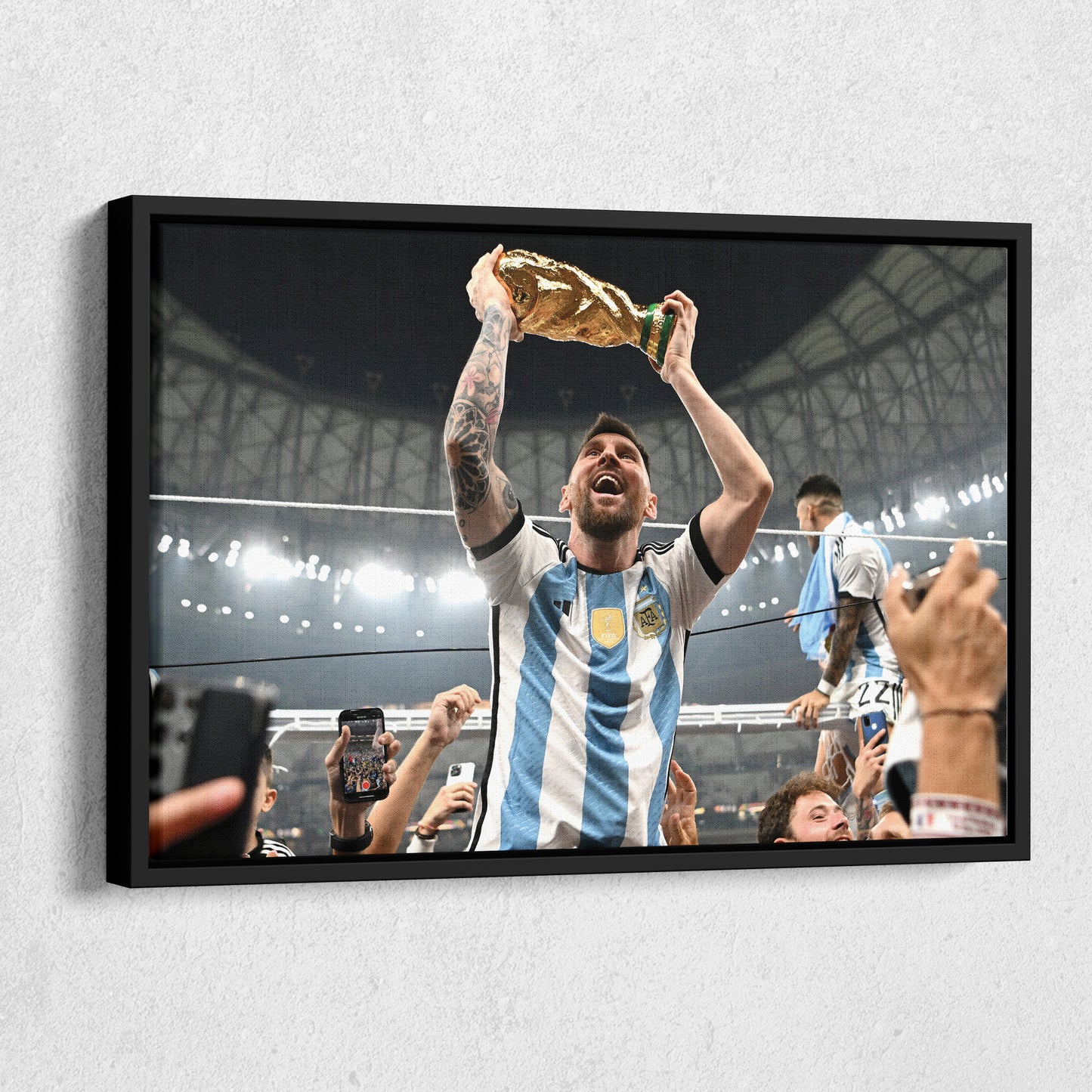 Lionel Messi Historic World Cup Trophy Canvas Art - Soccer Wall Decor Poster