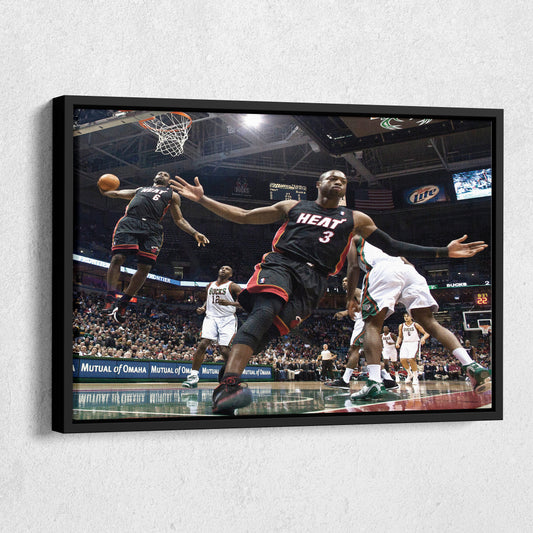 Dwayne Wade and LeBron James Dunk Canvas Wall Art – NBA Action Poster