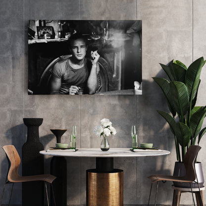 Marlon Brando Smoking Canvas Wall Art – Hollywood Legend Black and White