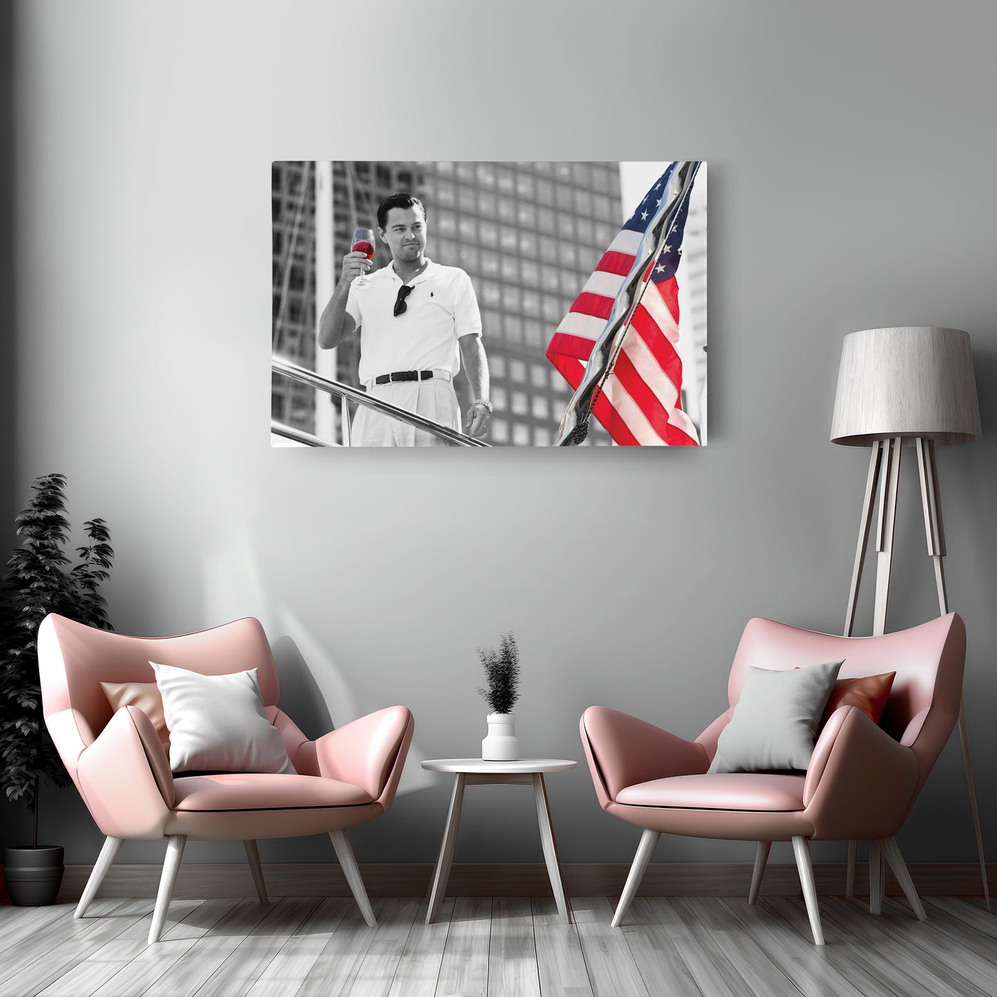 The Wolf of Wall Street with American Flag Canvas Wall Art – Iconic Movie Moment Decor