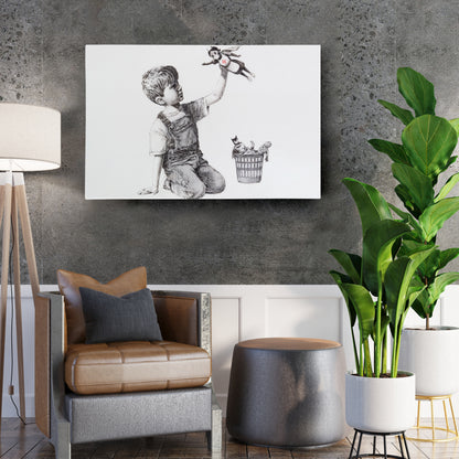 Banksy 'Boy with Superhero Doll' Canvas Print - Framed Wall Art