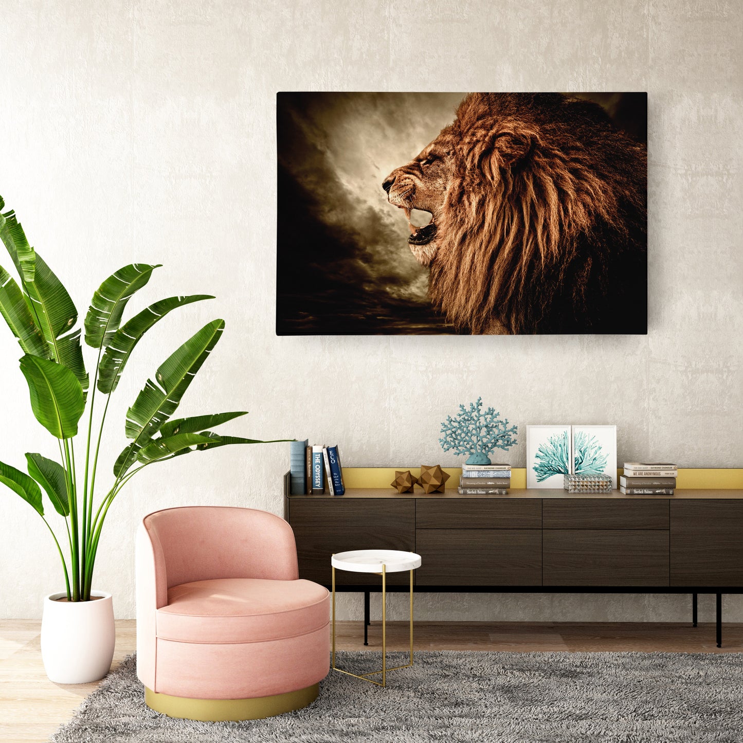Roaring Lion Against Stormy Sky - Canvas Wall Art Decor