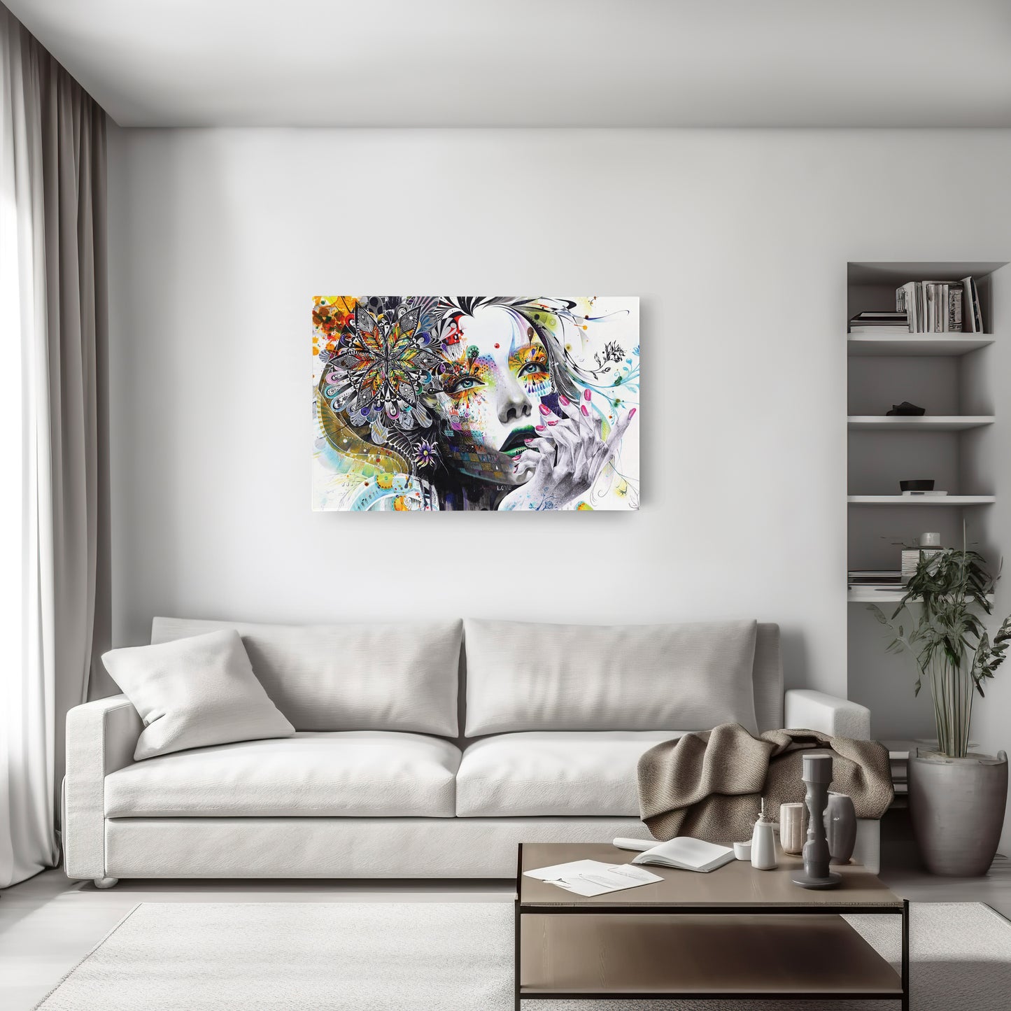 Abstract Painting of Girl with Flowers - Canvas Wall Art Decor