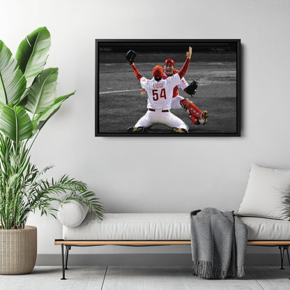Brad Lidge & Carlos Ruiz Celebrate World Series Victory Canvas Wall Art Decor - MLB Sports Poster