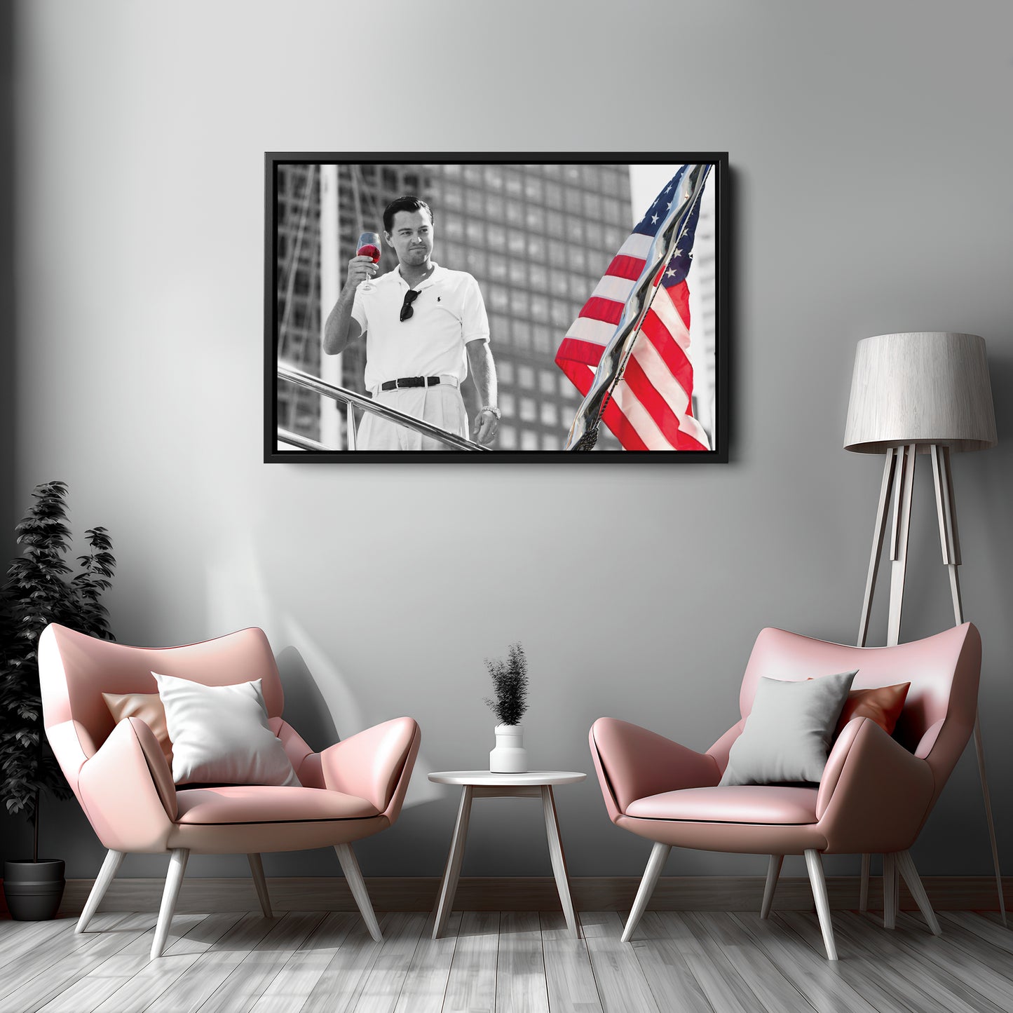 The Wolf of Wall Street with American Flag Canvas Wall Art – Iconic Movie Moment Decor