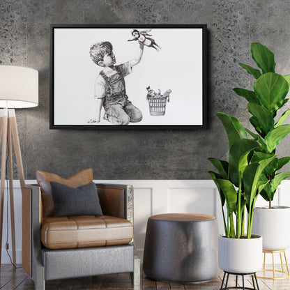 Banksy 'Boy with Superhero Doll' Canvas Print - Framed Wall Art