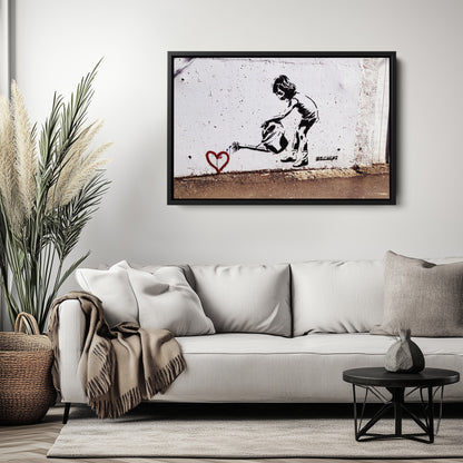 Banksy 'Children Water to Love Heart' Canvas Print - Framed Wall Art