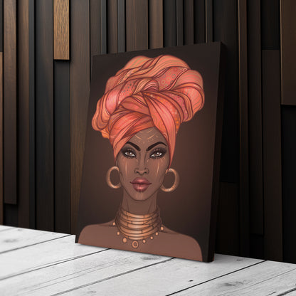 African American Woman with Glossy Lips & Turban - Canvas Wall Art