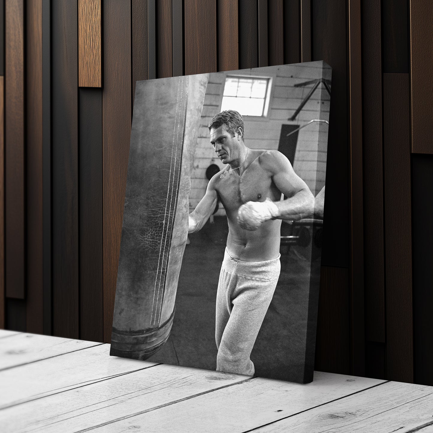 Steve McQueen Boxing Canvas Art – Black and White Training Moment Decor