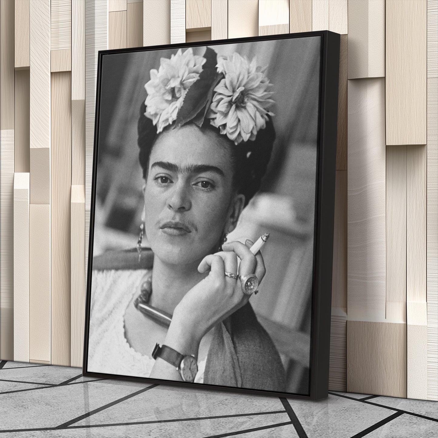Frida Kahlo Smoking Black and White Canvas Wall Art – Iconic Art Print