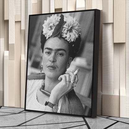 Frida Kahlo Smoking Black and White Canvas Wall Art – Iconic Art Print
