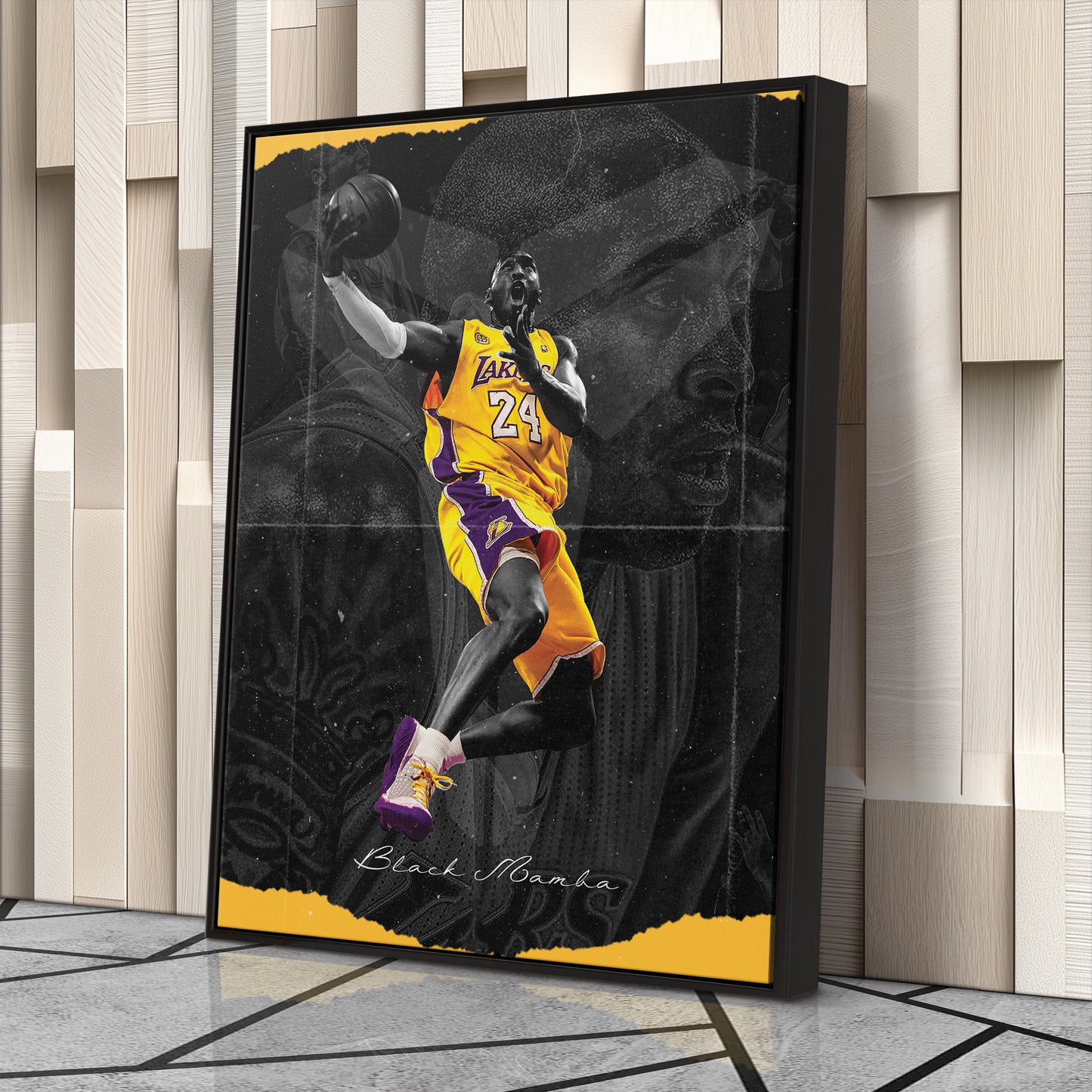 Kobe Bryant Basketball Black Background Canvas Wall Art – NBA Star Print