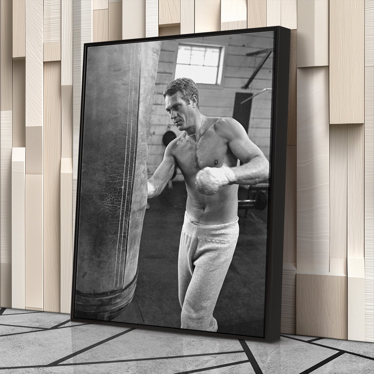 Steve McQueen Boxing Canvas Art – Black and White Training Moment Decor