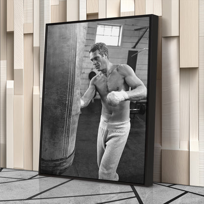 Steve McQueen Boxing Canvas Art – Black and White Training Moment Decor