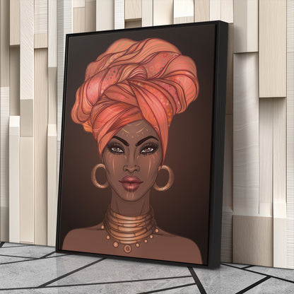 African American Woman with Glossy Lips & Turban - Canvas Wall Art