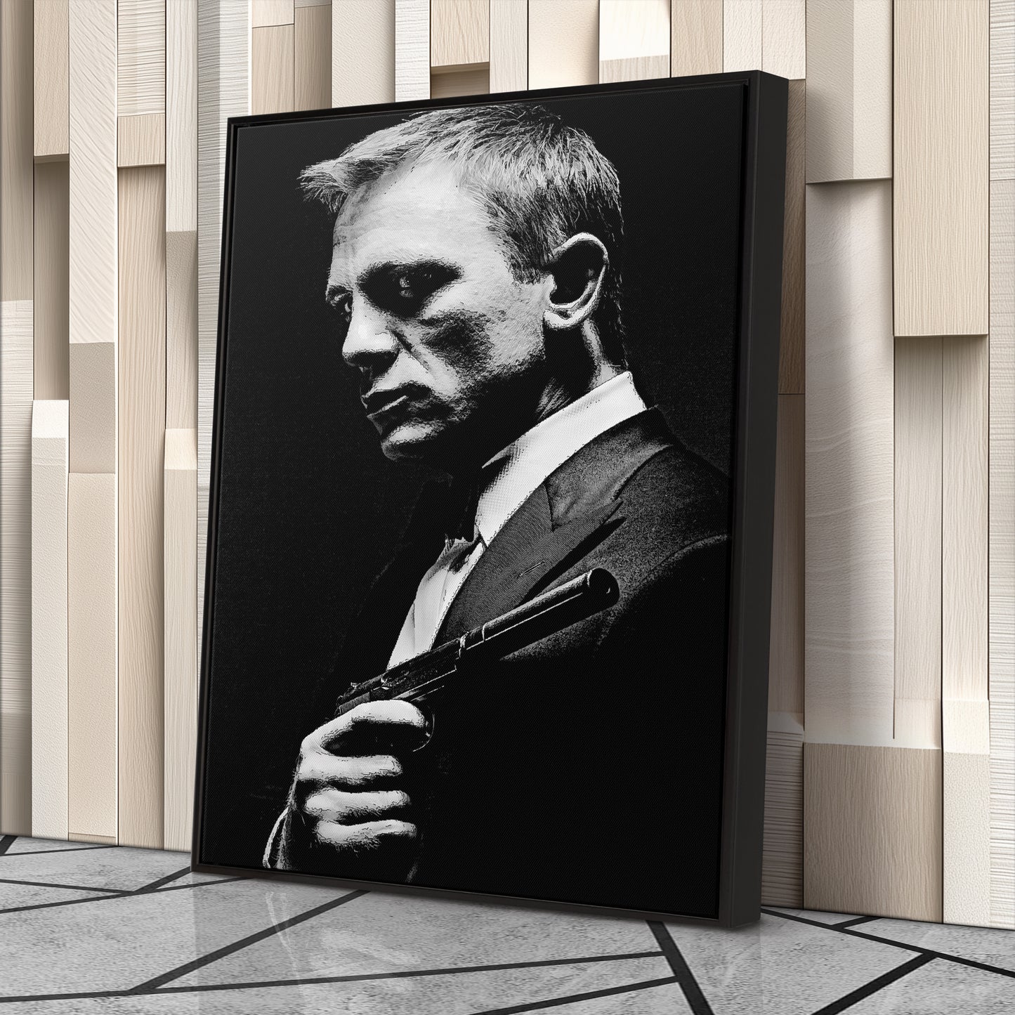 James Bond Black and White Painting Canvas Wall Art – Timeless Spy Decor