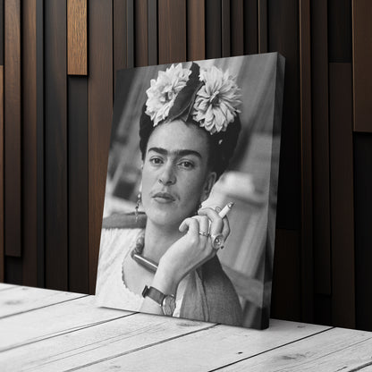 Frida Kahlo Smoking Black and White Canvas Wall Art – Iconic Art Print