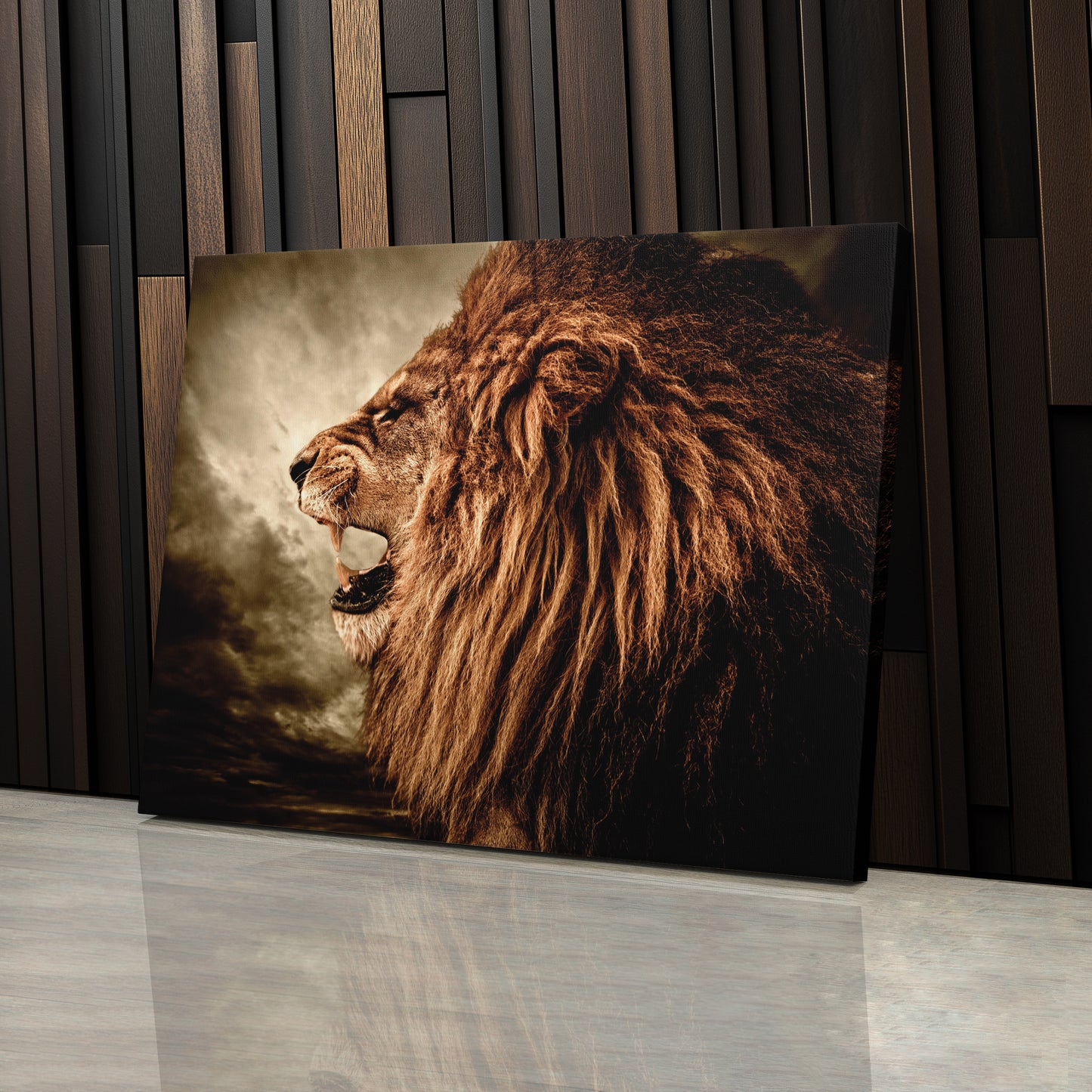 Roaring Lion Against Stormy Sky - Canvas Wall Art Decor