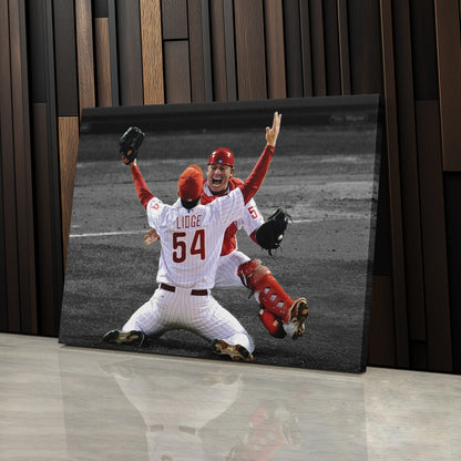 Brad Lidge & Carlos Ruiz Celebrate World Series Victory Canvas Wall Art Decor - MLB Sports Poster