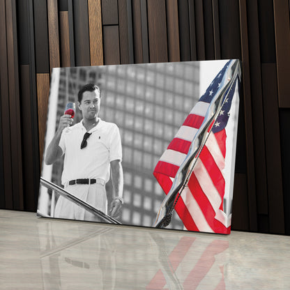 The Wolf of Wall Street with American Flag Canvas Wall Art – Iconic Movie Moment Decor