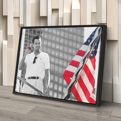 The Wolf of Wall Street with American Flag Canvas Wall Art – Iconic Movie Moment Decor