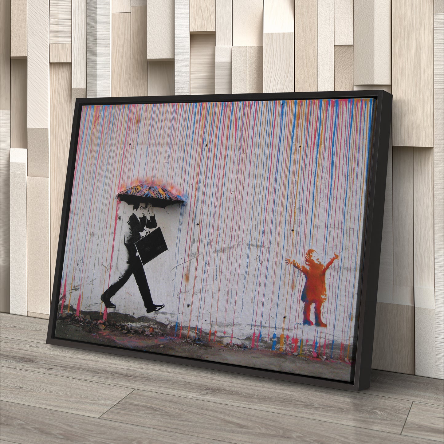 Banksy 'Raining Paint' Minimalist Canvas Print - Framed Wall Art
