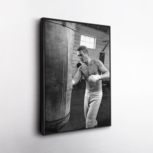 Steve McQueen Boxing Canvas Art – Black and White Training Moment Decor