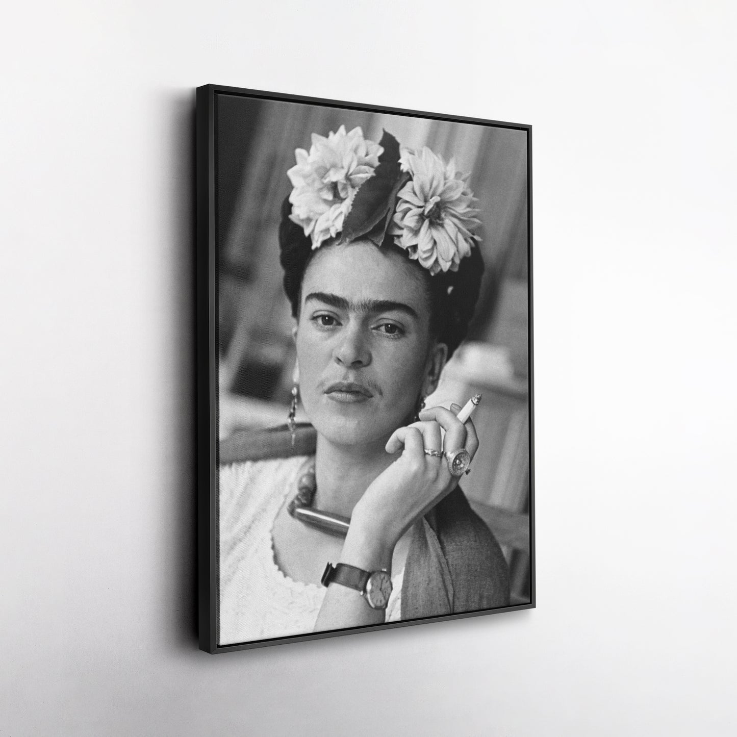 Frida Kahlo Smoking Black and White Canvas Wall Art – Iconic Art Print