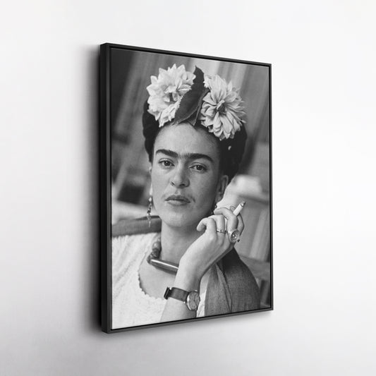 Frida Kahlo Smoking Black and White Canvas Wall Art – Iconic Art Print