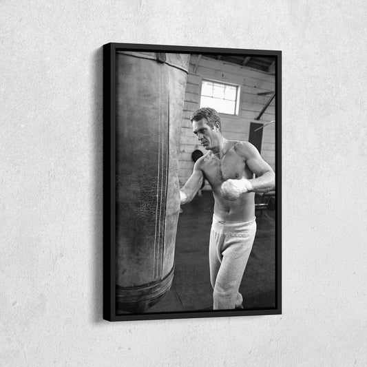 Steve McQueen Boxing Canvas Art – Black and White Training Moment Decor