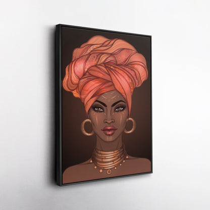 African American Woman with Glossy Lips & Turban - Canvas Wall Art
