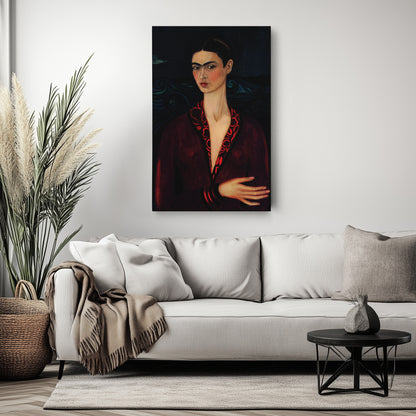 Frida Kahlo Red Dress Canvas Wall Art – Vibrant Painter's Portrait