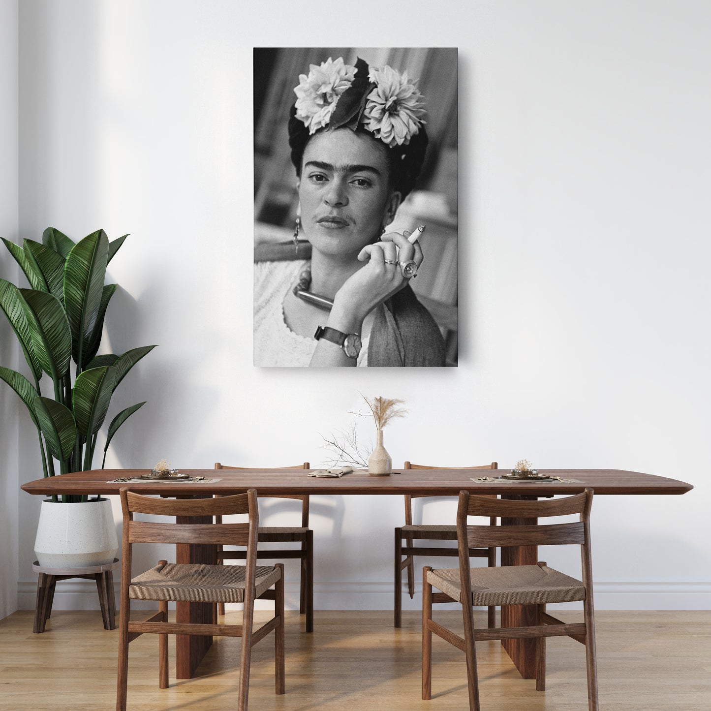 Frida Kahlo Smoking Black and White Canvas Wall Art – Iconic Art Print