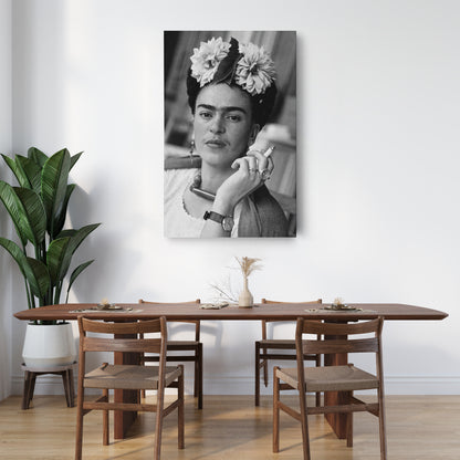 Frida Kahlo Smoking Black and White Canvas Wall Art – Iconic Art Print