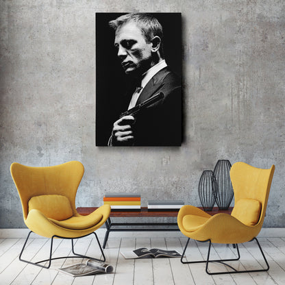 James Bond Black and White Painting Canvas Wall Art – Timeless Spy Decor