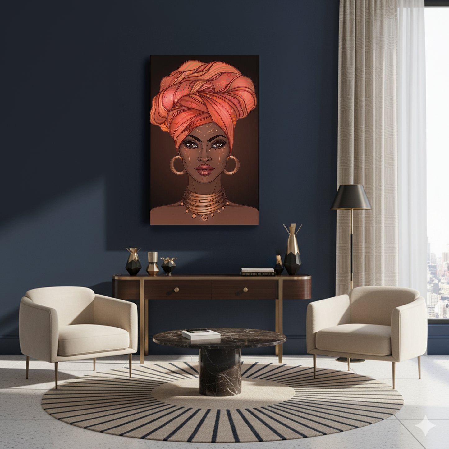 African American Woman with Glossy Lips & Turban - Canvas Wall Art